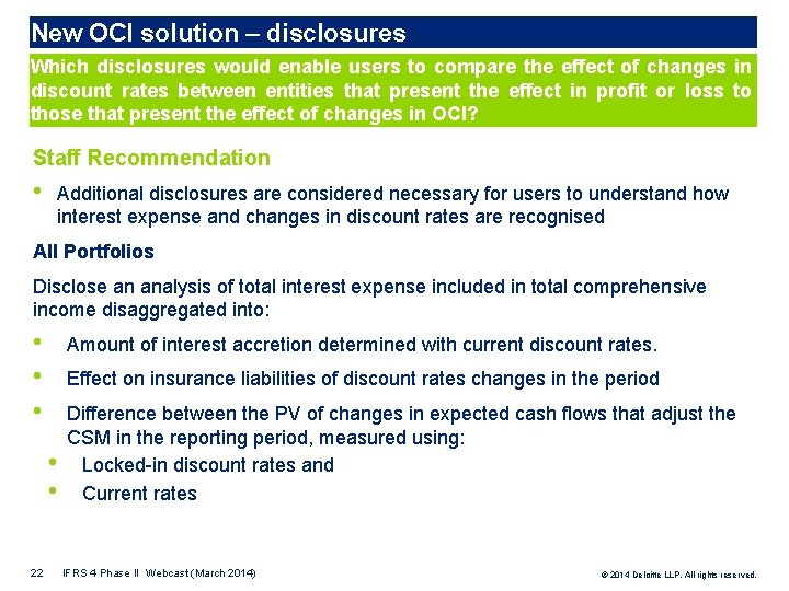 New OCI solution – disclosures Which disclosures would enable users to compare the effect