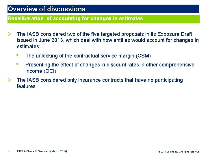 Overview of discussions Redeliberation of accounting for changes in estimates Ø The IASB considered