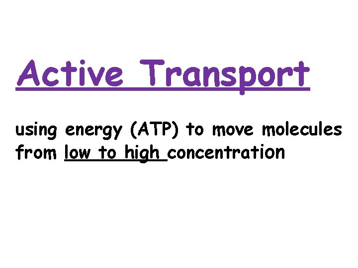 Active Transport using energy (ATP) to move molecules from low to high concentration 