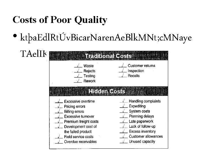 Costs of Poor Quality • ktþa. Edl. RtÚv. Bicar. Naren. Ae. Blk. MNt; c.