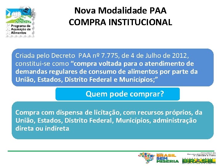 Nova Modalidade PAA COMPRA INSTITUCIONAL Criada pelo Decreto PAA nº 7. 775, de 4