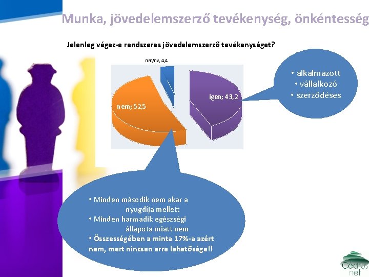 Munka, jövedelemszerző tevékenység, önkéntesség Jelenleg végez-e rendszeres jövedelemszerző tevékenységet? nm/nv, 4, 4 igen; 43,