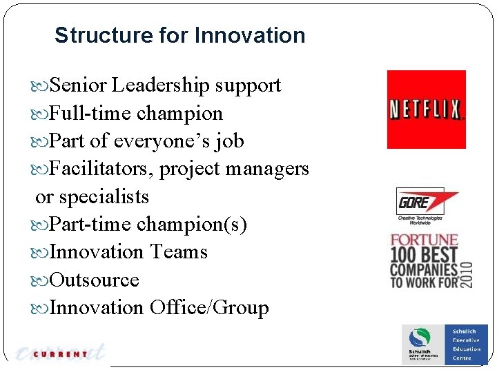 Structure for Innovation Senior Leadership support Full-time champion Part of everyone’s job Facilitators, project