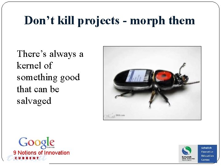 Don’t kill projects - morph them There’s always a kernel of something good that