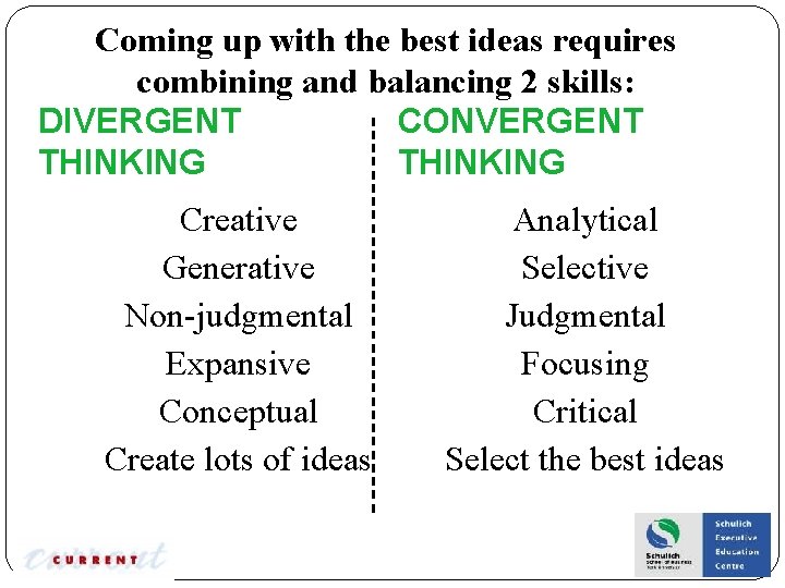 Coming up with the best ideas requires combining and balancing 2 skills: DIVERGENT CONVERGENT