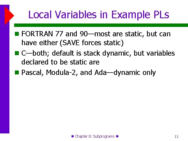 Local Variables in Example PLs FORTRAN 77 and 90—most are static, but can have