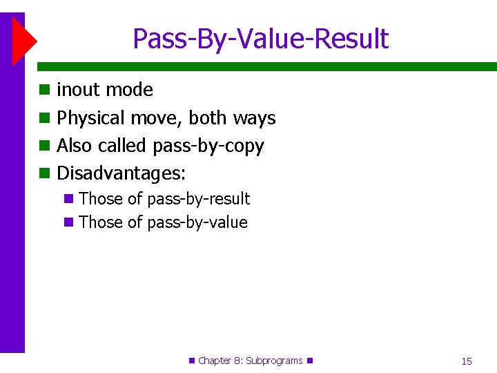 Pass-By-Value-Result inout mode Physical move, both ways Also called pass-by-copy Disadvantages: Those of pass-by-result