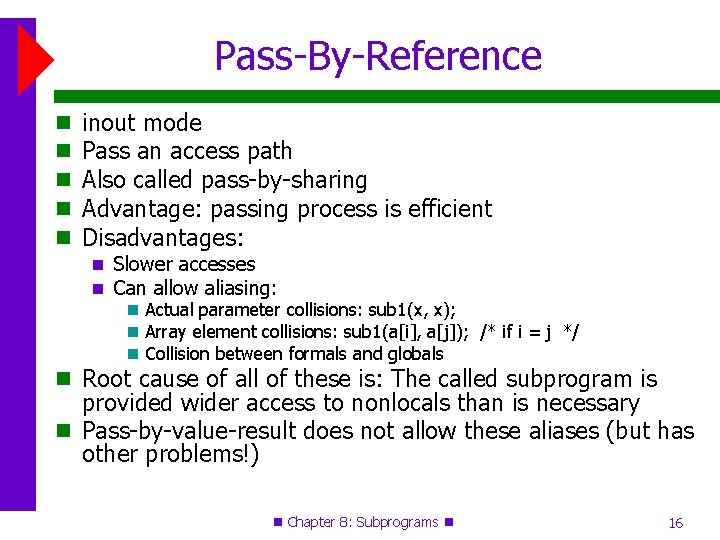 Pass-By-Reference inout mode Pass an access path Also called pass-by-sharing Advantage: passing process is