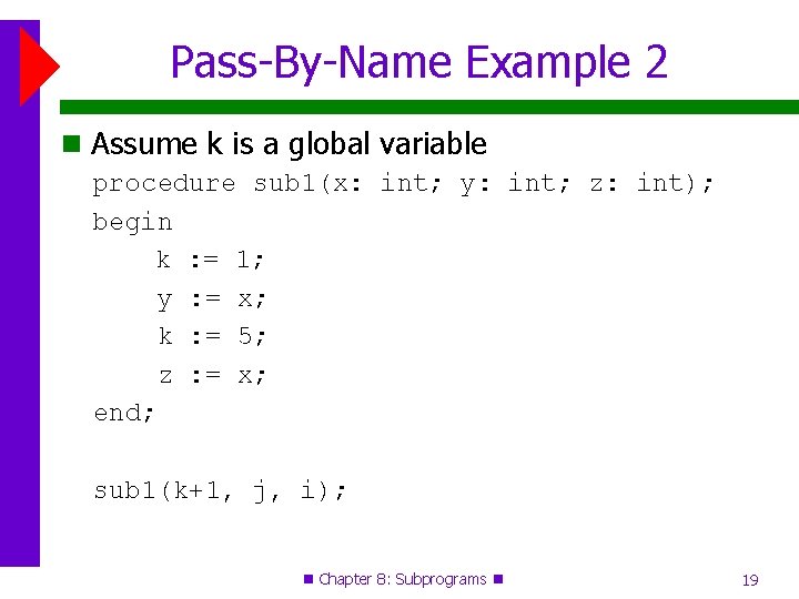 Pass-By-Name Example 2 Assume k is a global variable procedure sub 1(x: int; y:
