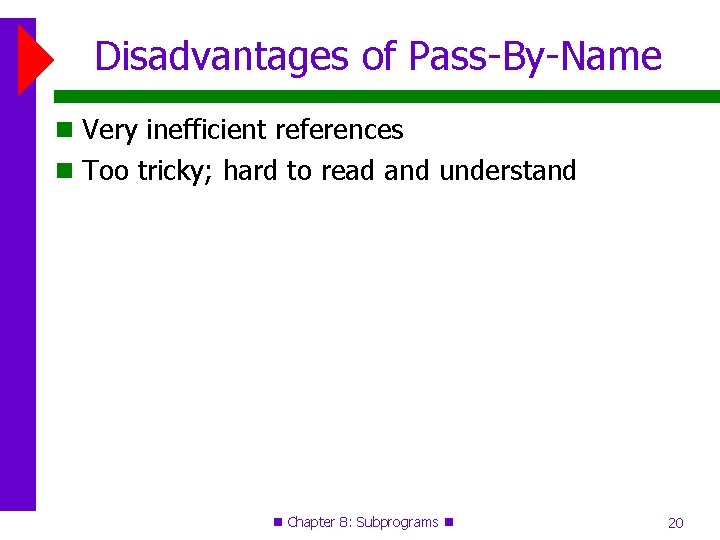 Disadvantages of Pass-By-Name Very inefficient references Too tricky; hard to read and understand Chapter