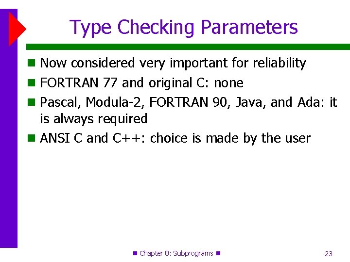 Type Checking Parameters Now considered very important for reliability FORTRAN 77 and original C: