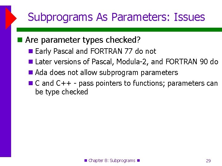 Subprograms As Parameters: Issues Are parameter types checked? Early Pascal and FORTRAN 77 do