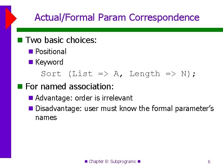 Actual/Formal Param Correspondence Two basic choices: Positional Keyword Sort (List => A, Length =>