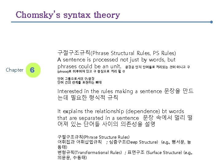 Chomsky’s syntax theory Chapter 6 구절구조규칙(Phrase Structural Rules, PS Rules) A sentence is processed