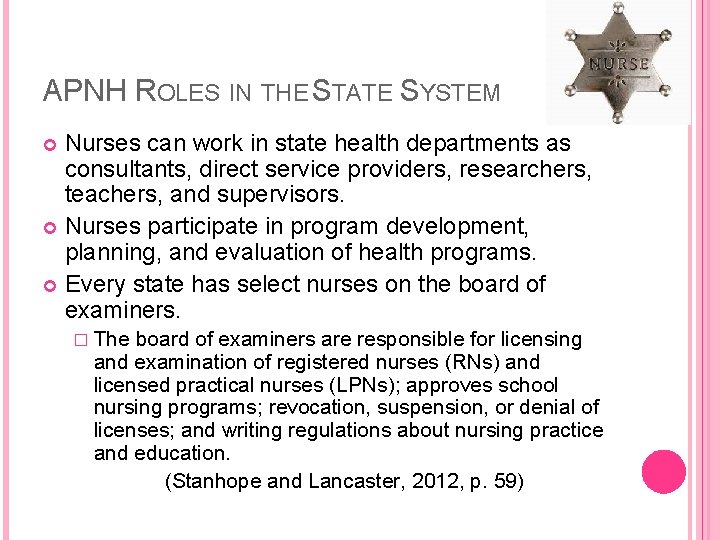 APNH ROLES IN THE STATE SYSTEM Nurses can work in state health departments as