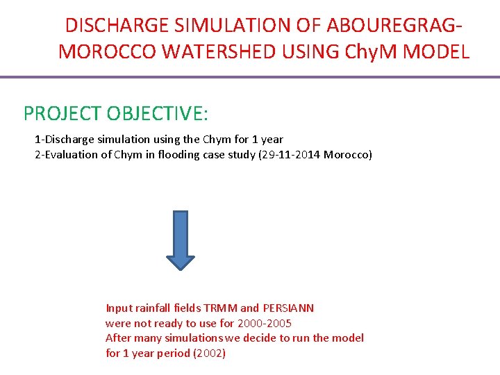 DISCHARGE SIMULATION OF ABOUREGRAGMOROCCO WATERSHED USING Chy. M MODEL PROJECT OBJECTIVE: 1 -Discharge simulation