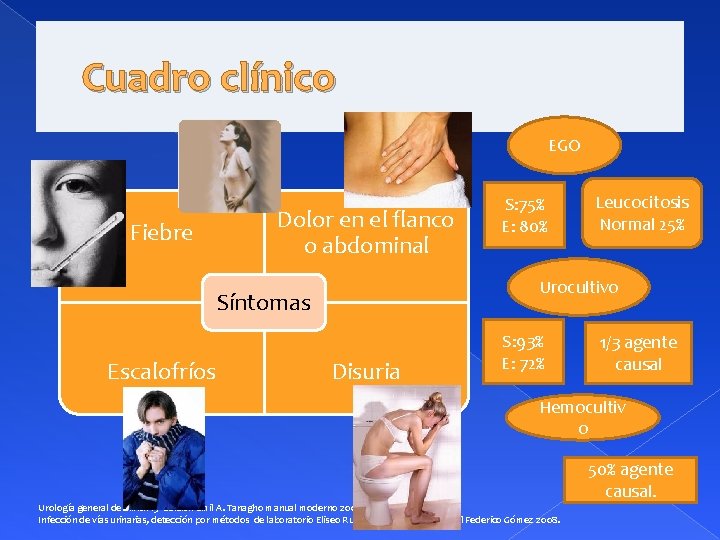Cuadro clínico EGO Fiebre Dolor en el flanco o abdominal Leucocitosis Normal 25% Urocultivo