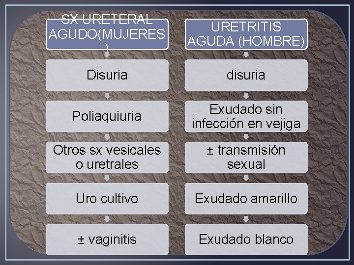 SX URETERAL AGUDO(MUJERES ) URETRITIS AGUDA (HOMBRE) Disuria disuria Poliaquiuria Exudado sin infección en