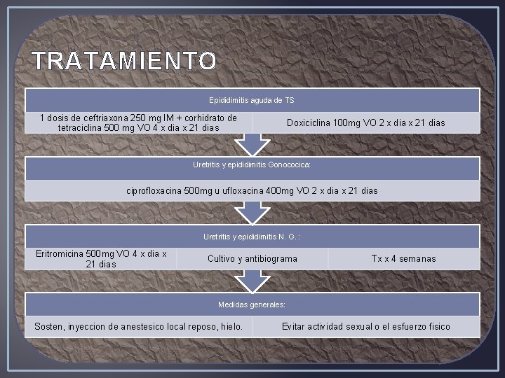 TRATAMIENTO Epididimitis aguda de TS 1 dosis de ceftriaxona 250 mg IM + corhidrato