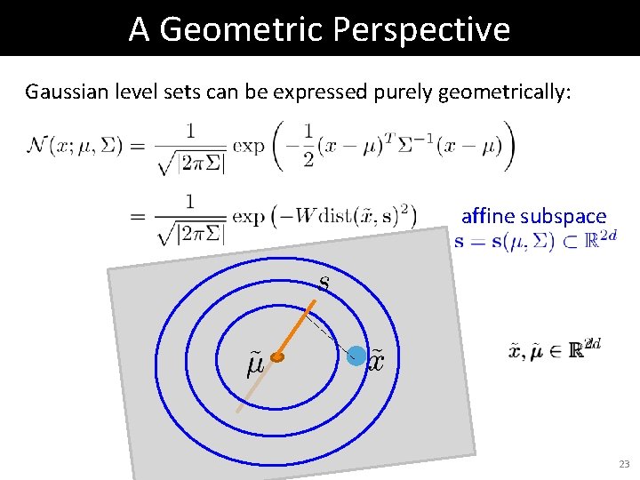 A Geometric Perspective Gaussian level sets can be expressed purely geometrically: affine subspace 23 A Geometric Perspective Gaussian level sets can be expressed purely geometrically: affine subspace 23