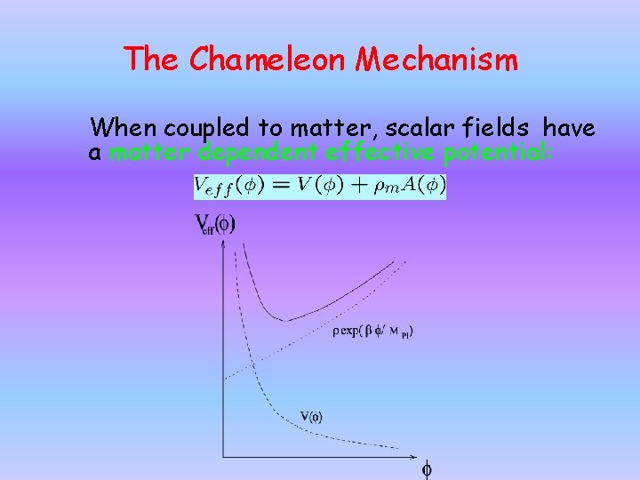 The Chameleon Mechanism When coupled to matter, scalar fields have a matter dependent effective