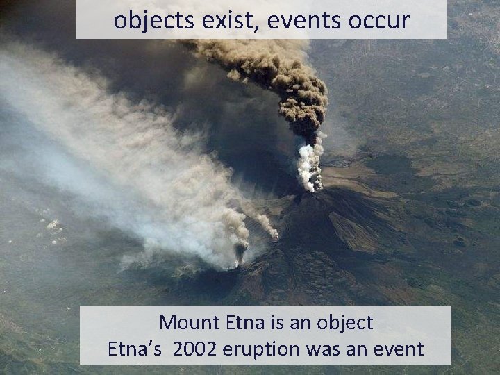 objects exist, events occur Mount Etna is an object Etna’s 2002 eruption was an