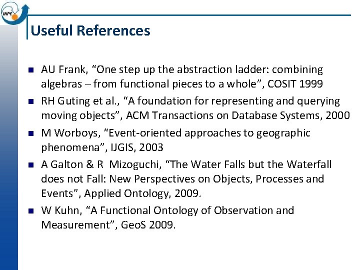 Useful References n n n AU Frank, “One step up the abstraction ladder: combining