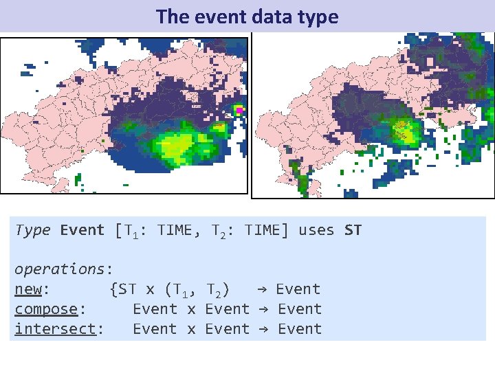 The event data type Type Event [T 1: TIME, T 2: TIME] uses ST