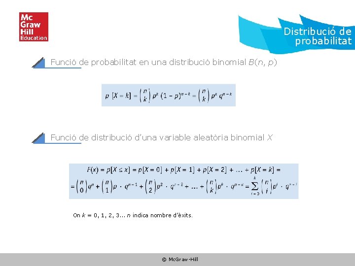 Distribució de probabilitat Funció de probabilitat en una distribució binomial B(n, p) Funció de