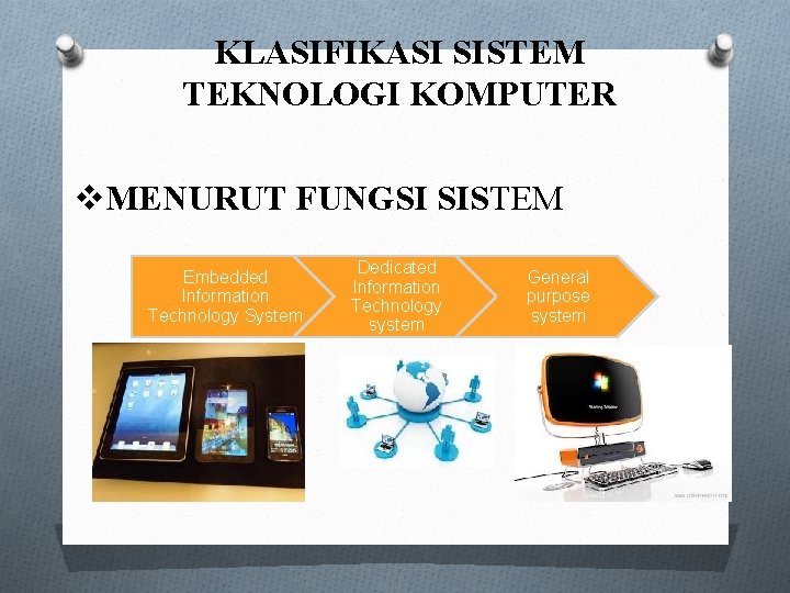 KLASIFIKASI SISTEM TEKNOLOGI KOMPUTER v. MENURUT FUNGSI SISTEM Embedded Information Technology System Dedicated Information