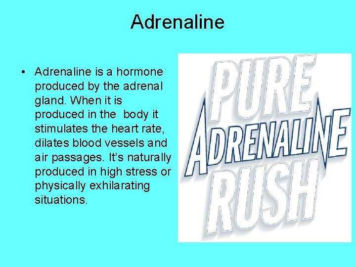 Adrenaline • Adrenaline is a hormone produced by the adrenal gland. When it is