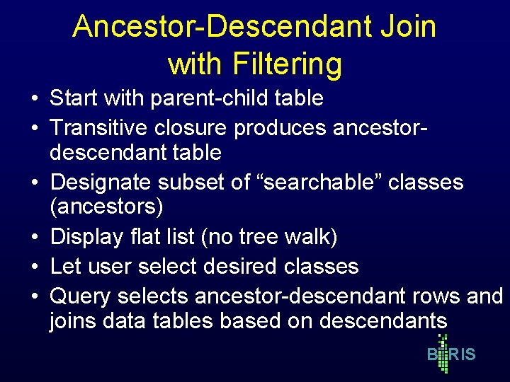 Ancestor-Descendant Join with Filtering • Start with parent-child table • Transitive closure produces ancestordescendant Ancestor-Descendant Join with Filtering • Start with parent-child table • Transitive closure produces ancestordescendant