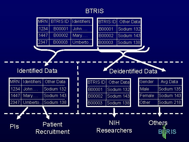 BTRIS MRN BTRIS ID Identifiers BTRIS ID Other Data 1234 B 00001 John…. B BTRIS MRN BTRIS ID Identifiers BTRIS ID Other Data 1234 B 00001 John…. B