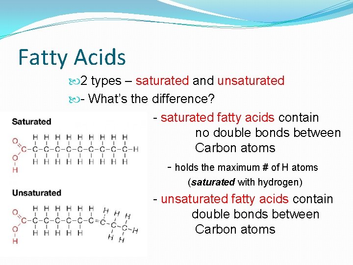 Fatty Acids 2 types – saturated and unsaturated - What’s the difference? - saturated