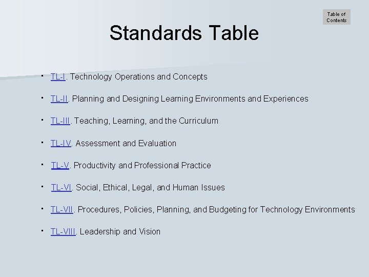 Standards Table of Contents · TL-I. Technology Operations and Concepts · TL-II. Planning and