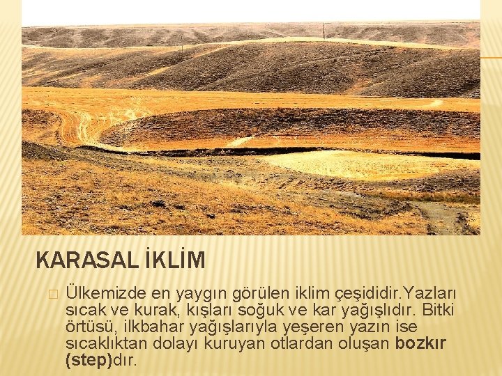 KARASAL İKLİM � Ülkemizde en yaygın görülen iklim çeşididir. Yazları sıcak ve kurak, kışları