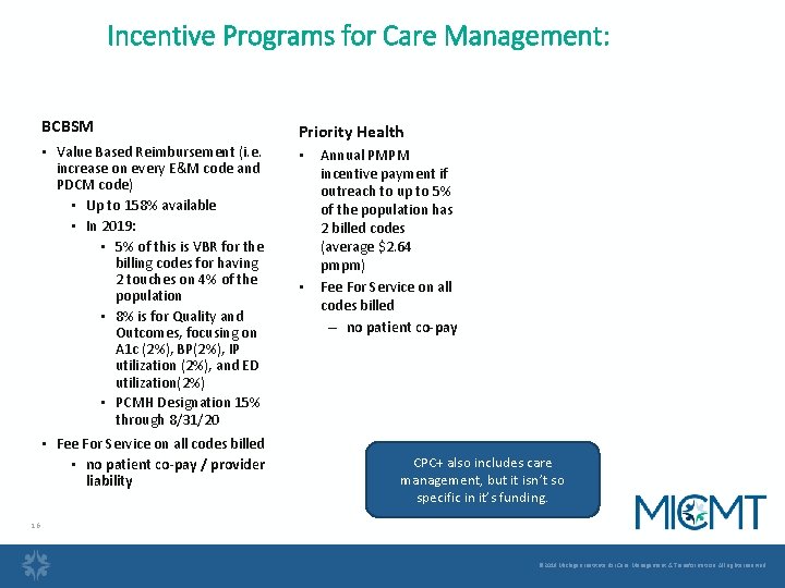 Incentive Programs for Care Management: BCBSM Priority Health • Value Based Reimbursement (i. e.