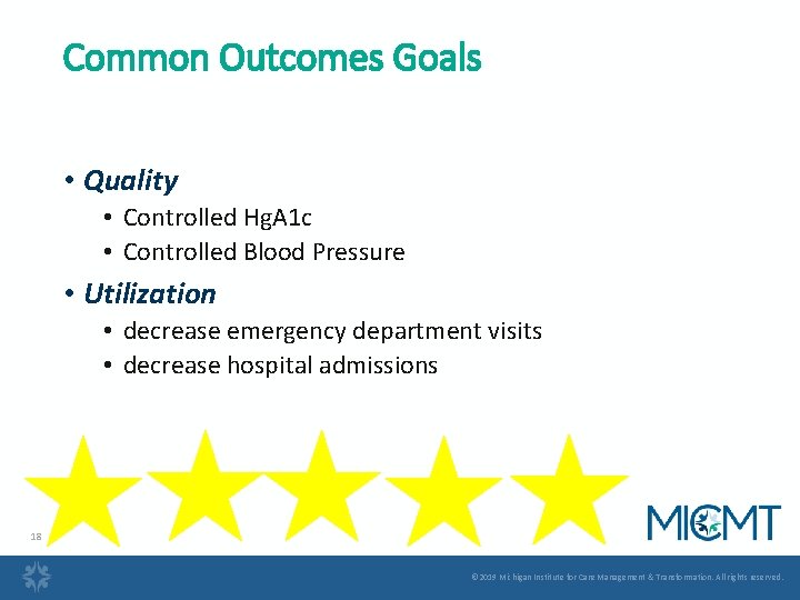 Common Outcomes Goals • Quality • Controlled Hg. A 1 c • Controlled Blood