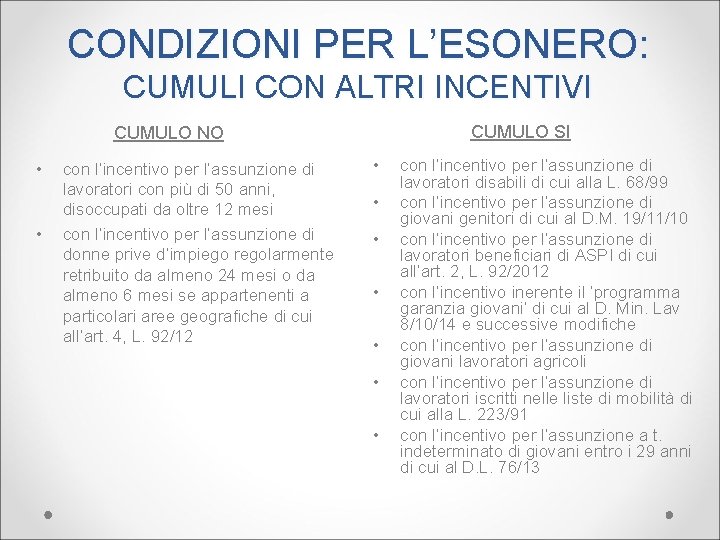 CONDIZIONI PER L’ESONERO: CUMULI CON ALTRI INCENTIVI CUMULO SI CUMULO NO • • con