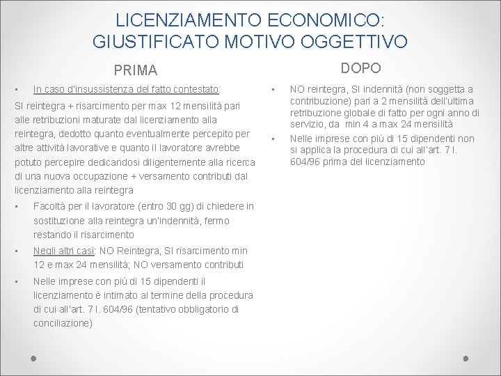 LICENZIAMENTO ECONOMICO: GIUSTIFICATO MOTIVO OGGETTIVO DOPO PRIMA • In caso d’insussistenza del fatto contestato: