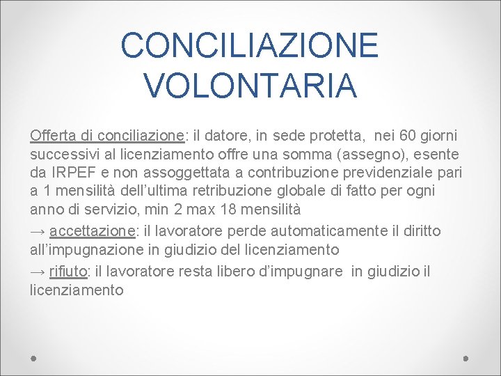 CONCILIAZIONE VOLONTARIA Offerta di conciliazione: il datore, in sede protetta, nei 60 giorni successivi