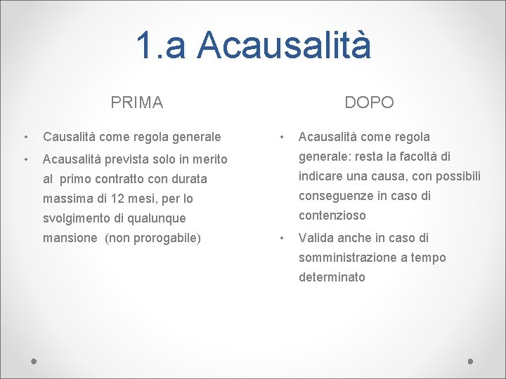 1. a Acausalità PRIMA DOPO • Causalità come regola generale • Acausalità prevista solo