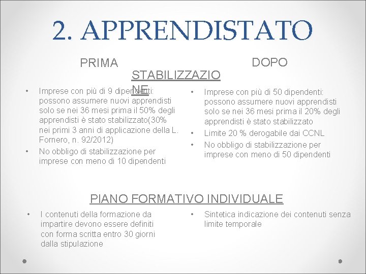 2. APPRENDISTATO DOPO PRIMA • • STABILIZZAZIO Imprese con più di 9 dipendenti: NE