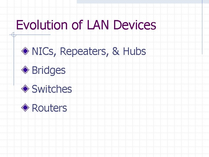 Evolution of LAN Devices NICs, Repeaters, & Hubs Bridges Switches Routers 
