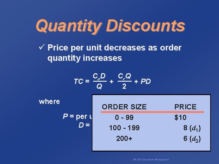 Quantity Discounts ü Price per unit decreases as order quantity increases Co. D Cc