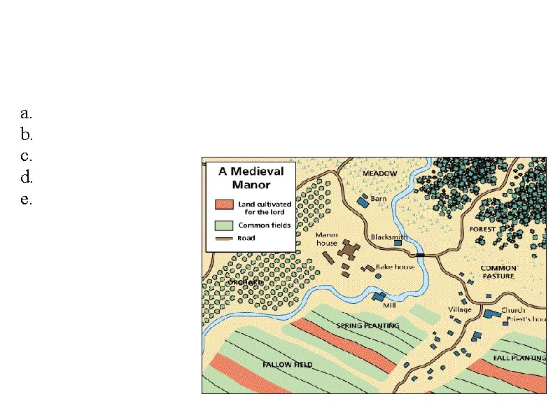 what did mannors consist of? a. 3 feilds b. medow (for meat to be