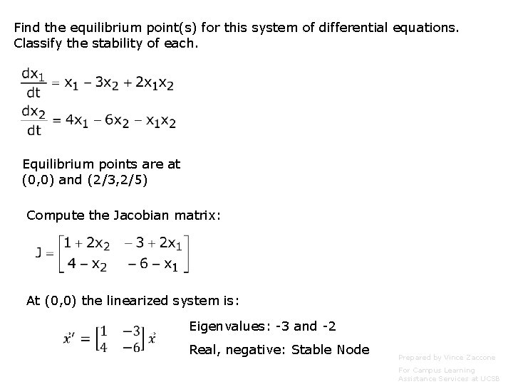 Find the equilibrium point(s) for this system of differential equations. Classify the stability of