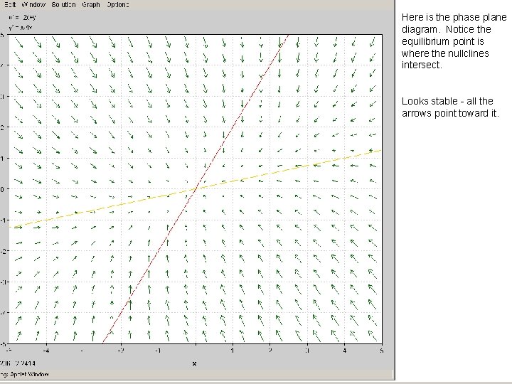Here is the phase plane diagram. Notice the equilibrium point is where the nullclines