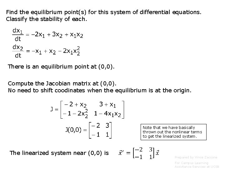 Find the equilibrium point(s) for this system of differential equations. Classify the stability of
