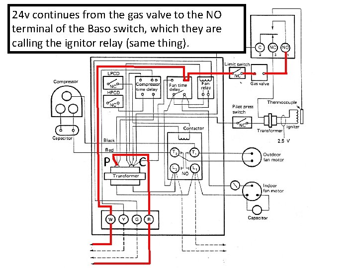 24 v continues from the gas valve to the NO terminal of the Baso